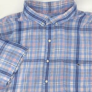 Vineyard Vines Mens 4XB‎ Blue Pink Plaid 100% Linen Tucker Short Sleeve Shirt